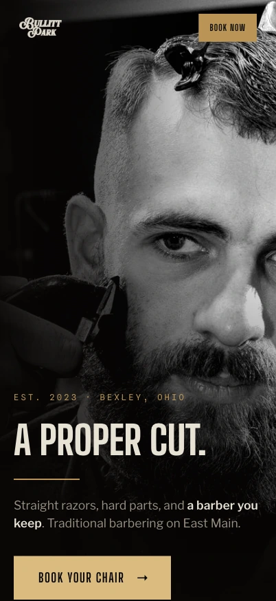 Bullitt Park Barber mobile homepage in an iPhone Pro display