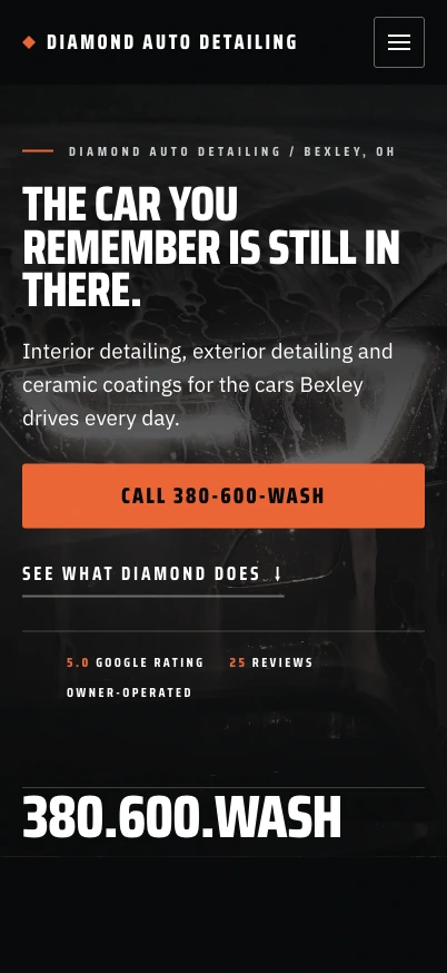 Diamond Auto Detailing mobile homepage in an iPhone Pro display