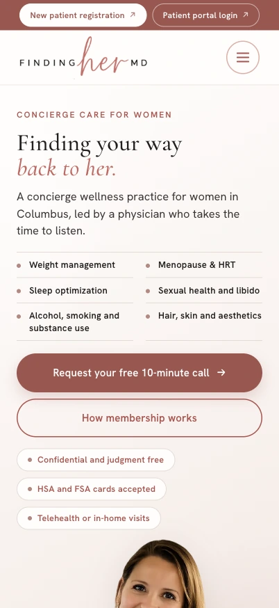 Finding Her MD mobile homepage in an iPhone Pro display