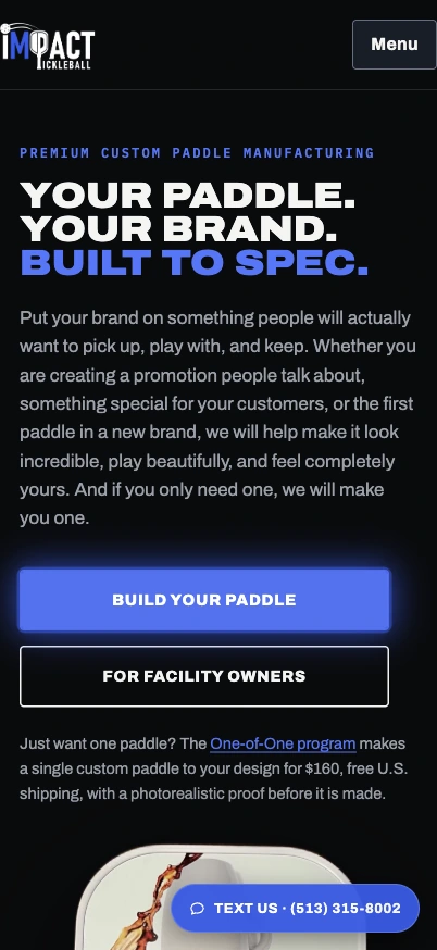 iMPACT Pickleball mobile homepage in an iPhone Pro display