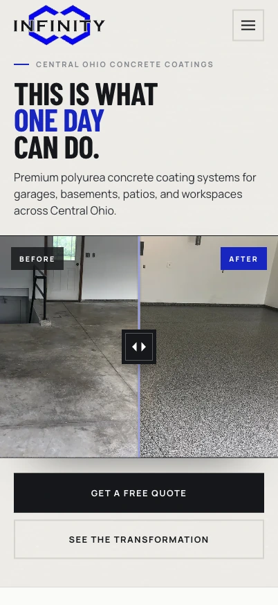Infinity Concrete Coatings mobile homepage in an iPhone Pro display