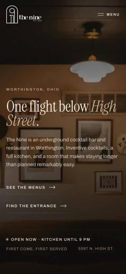 The Nine Plated mobile homepage in an iPhone Pro display