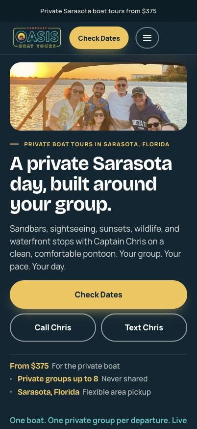 Oasis Charters mobile homepage in an iPhone Pro display