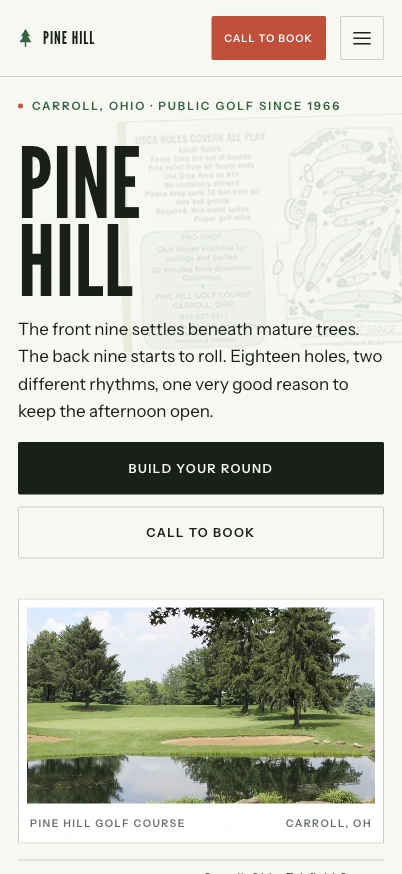 Pine Hill Golf mobile homepage in an iPhone Pro display