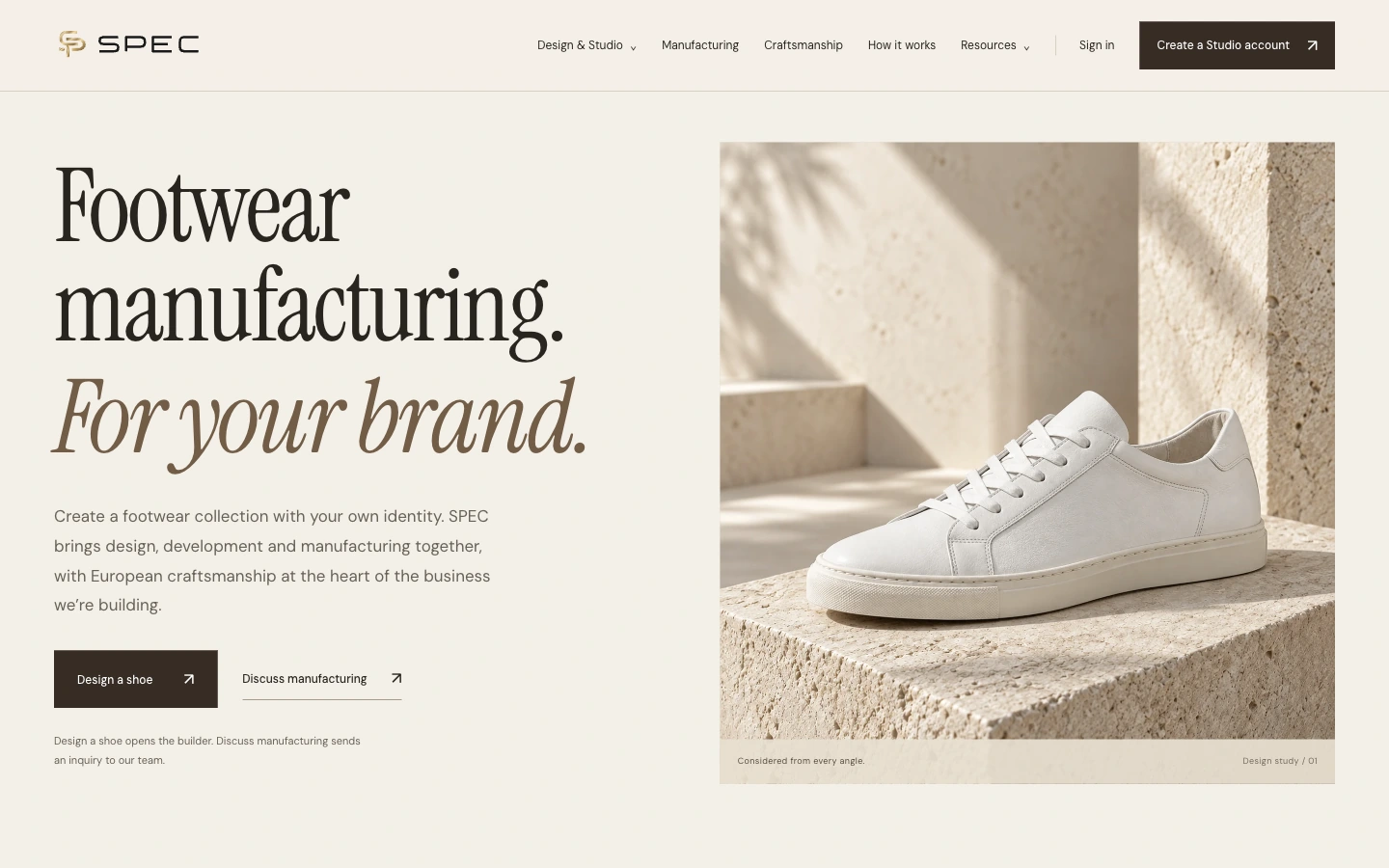 SPEC Footwear homepage in a MacBook Pro display