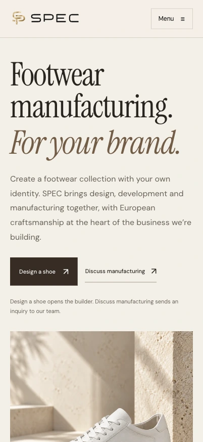 SPEC Footwear mobile homepage in an iPhone Pro display