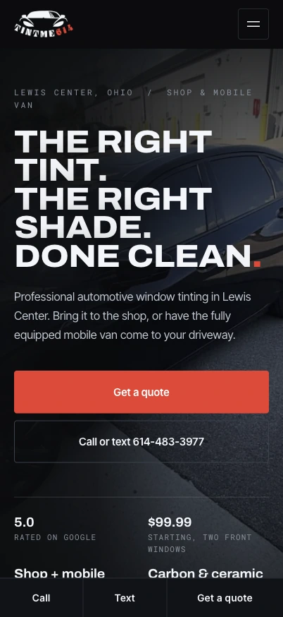 Tint Me 614 mobile homepage in an iPhone Pro display