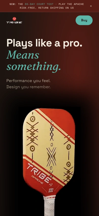 TRIBE Apache mobile homepage in an iPhone Pro display