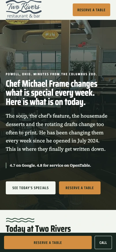 Two Rivers mobile homepage in an iPhone Pro display