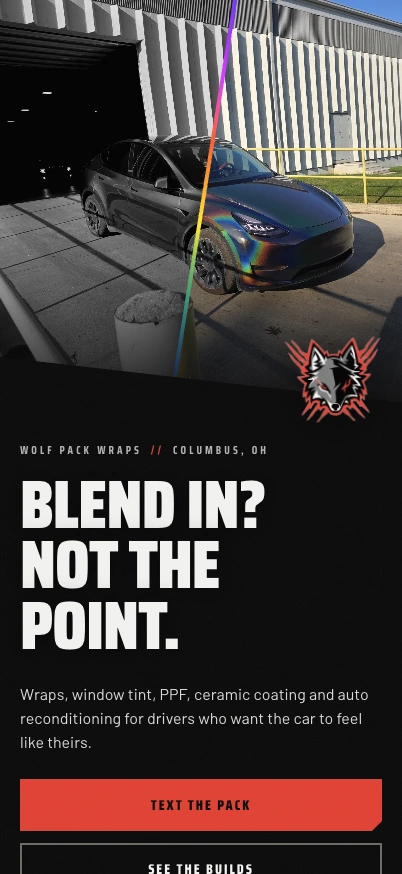 Wolfpack Wraps mobile homepage in an iPhone Pro display