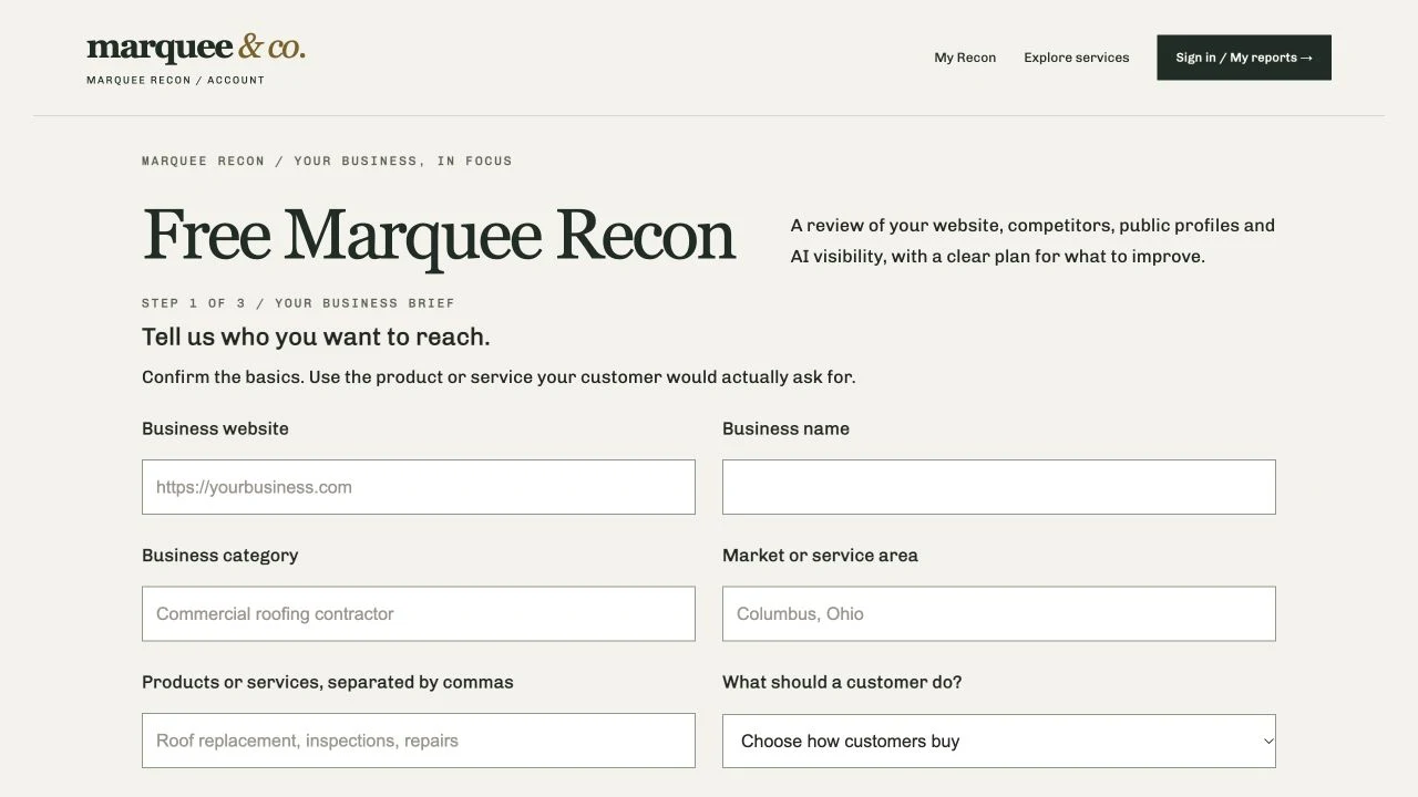 Marquee Recon business brief interface with empty fields