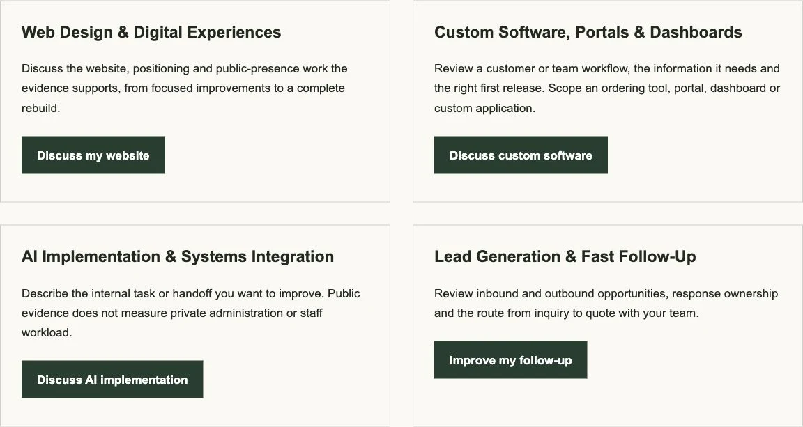 Recon report interface with service choices and project buttons