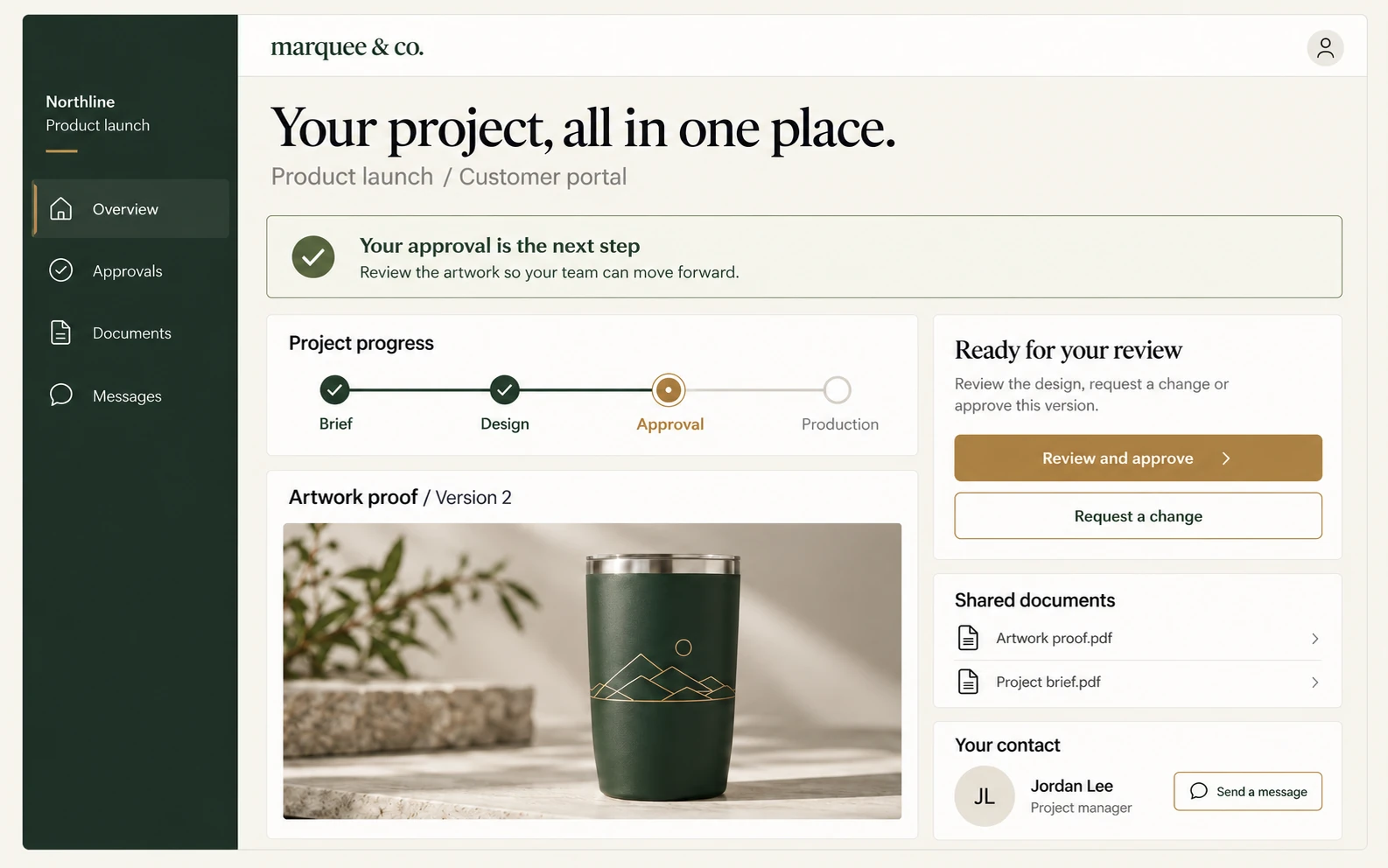 Customer portal with project progress, artwork approval, shared documents and a project contact