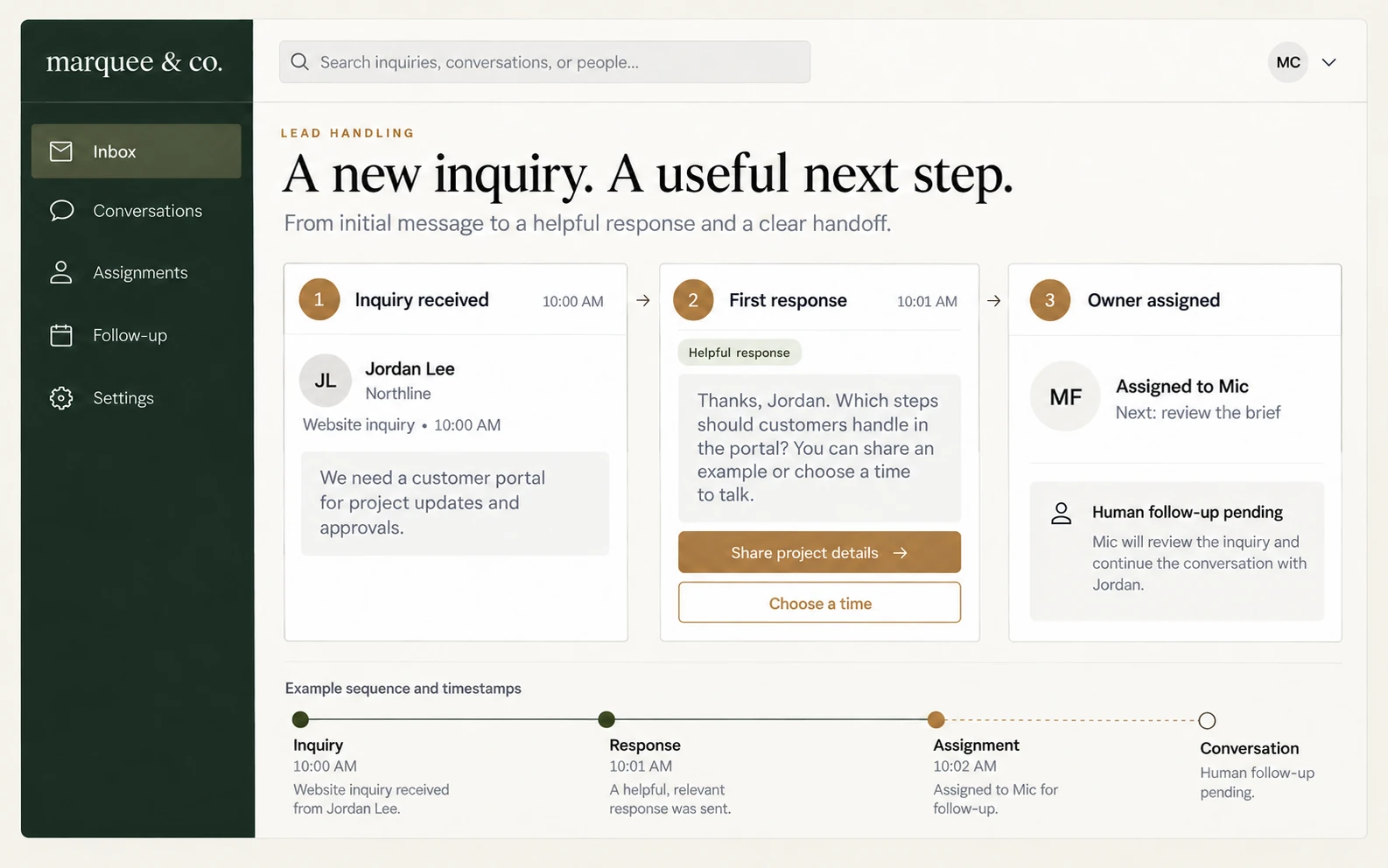 Lead-response sequence showing an incoming inquiry, a helpful first reply and an assigned human follow-up