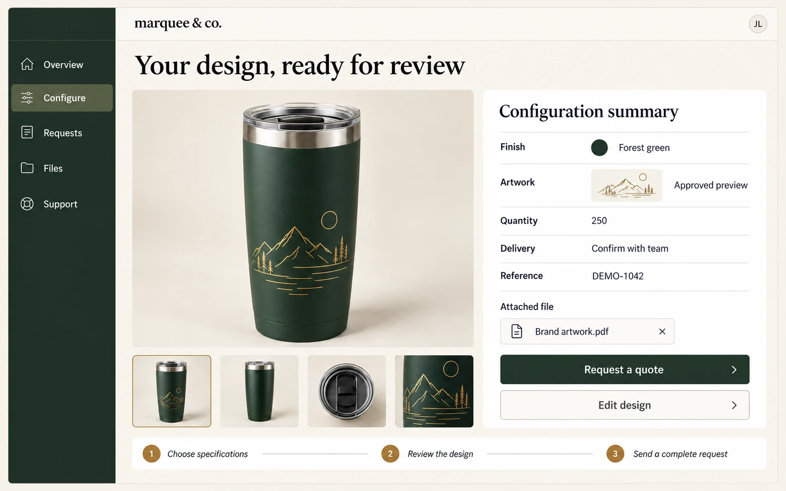 Product configuration screen with a green tumbler, chosen specifications, artwork and a quote request