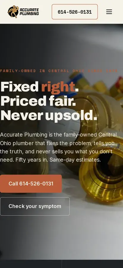 Accurate Plumbing website, mobile view