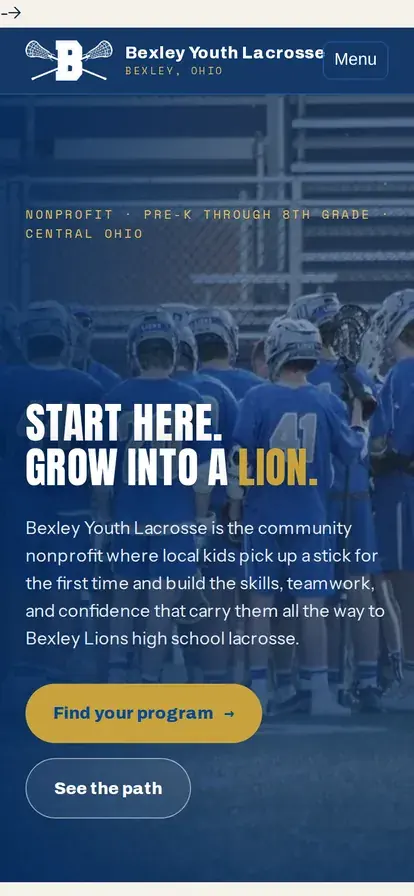 Bexley Youth Lacrosse website, mobile view