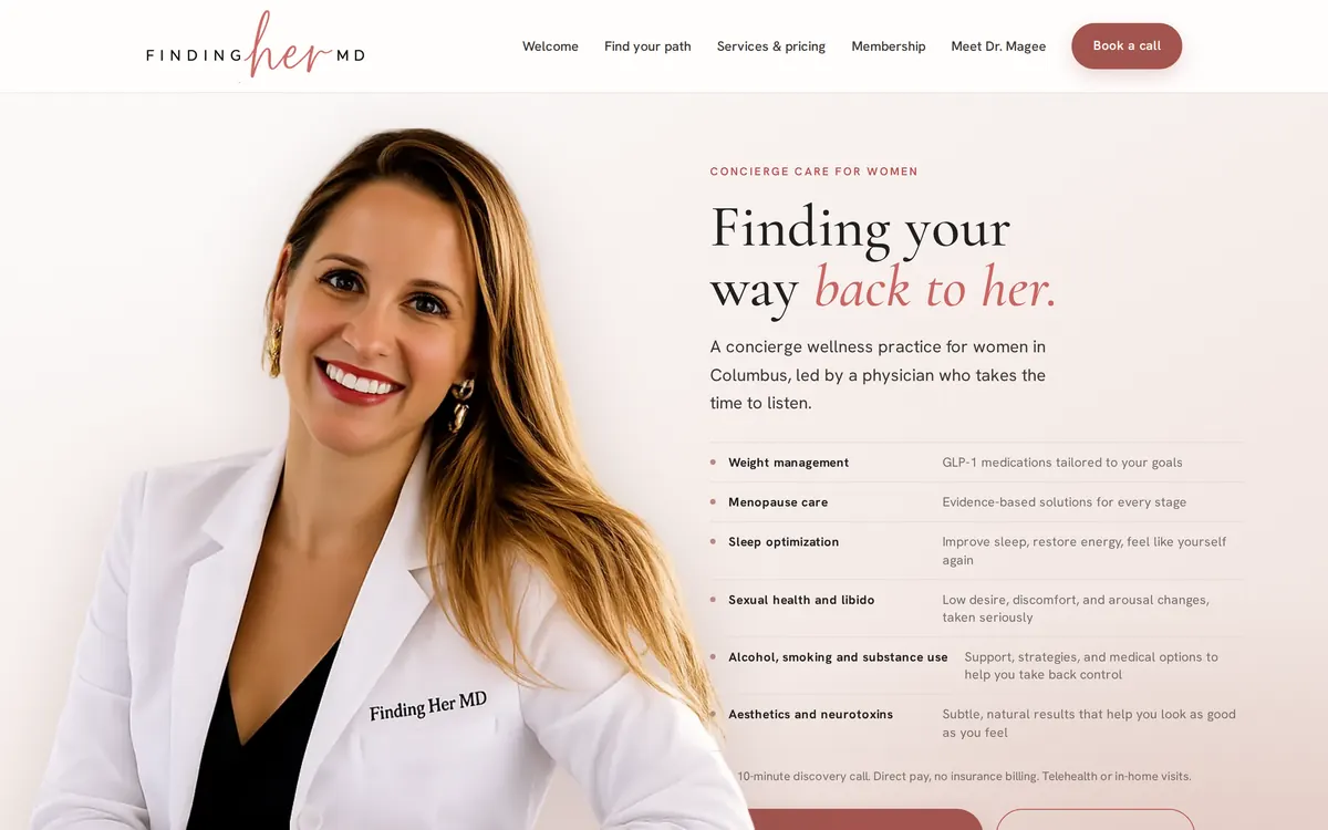 Finding Her MD website, desktop view