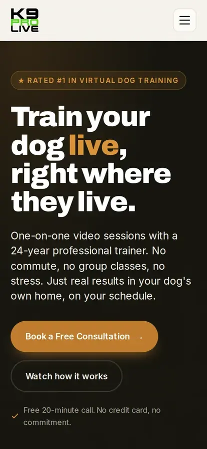 K9 Pro Live website, mobile view