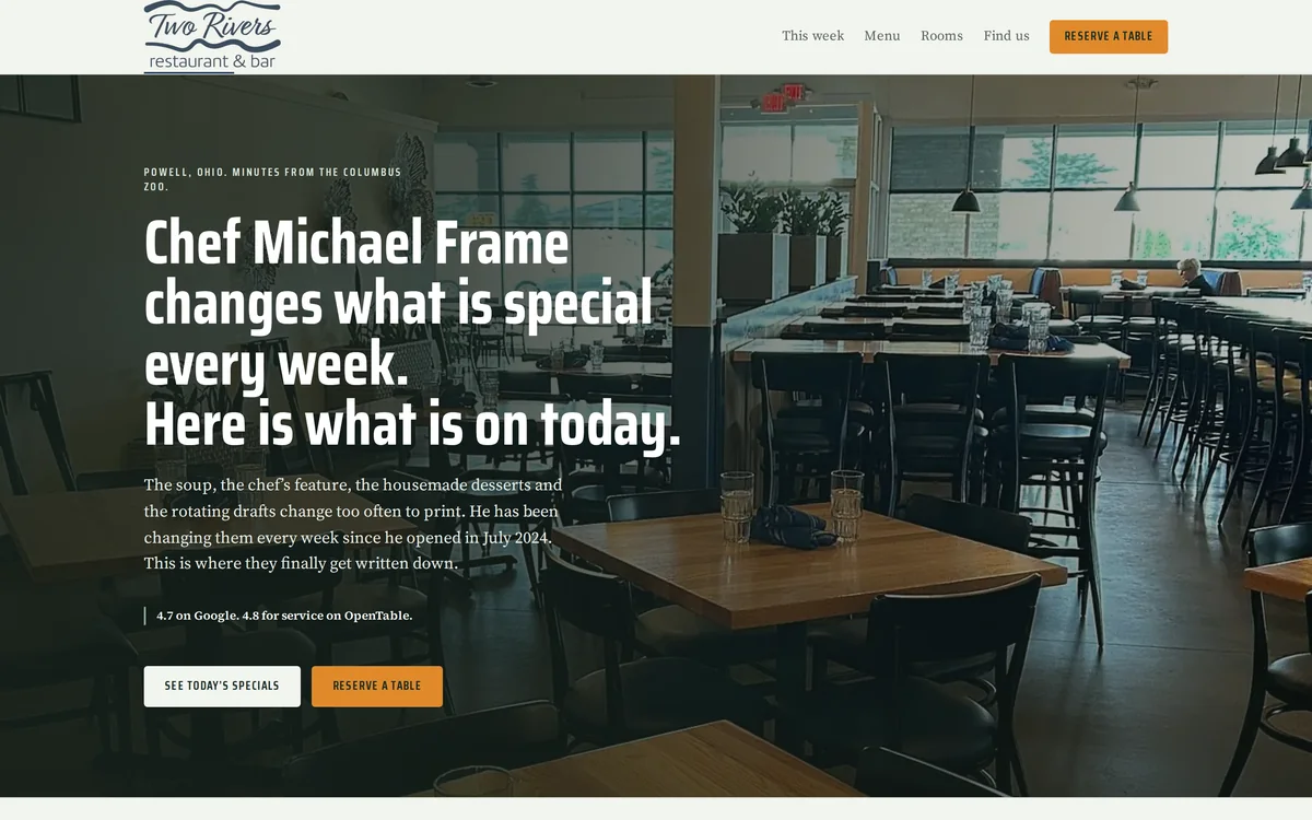 Two Rivers Restaurant and Bar website, desktop