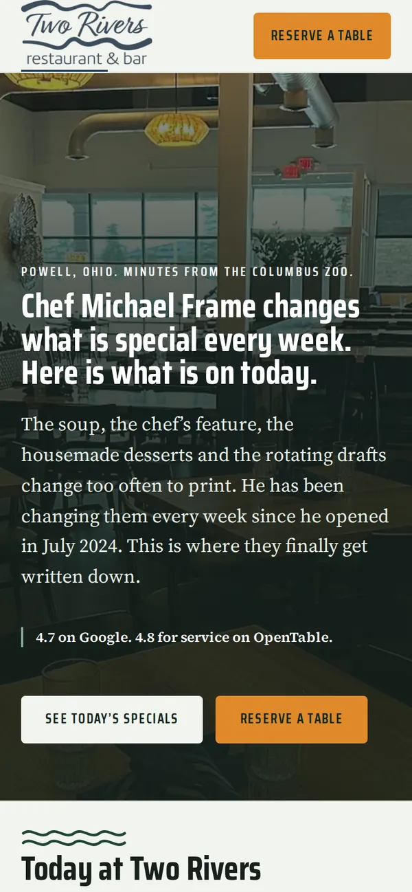 Two Rivers Restaurant and Bar website on mobile